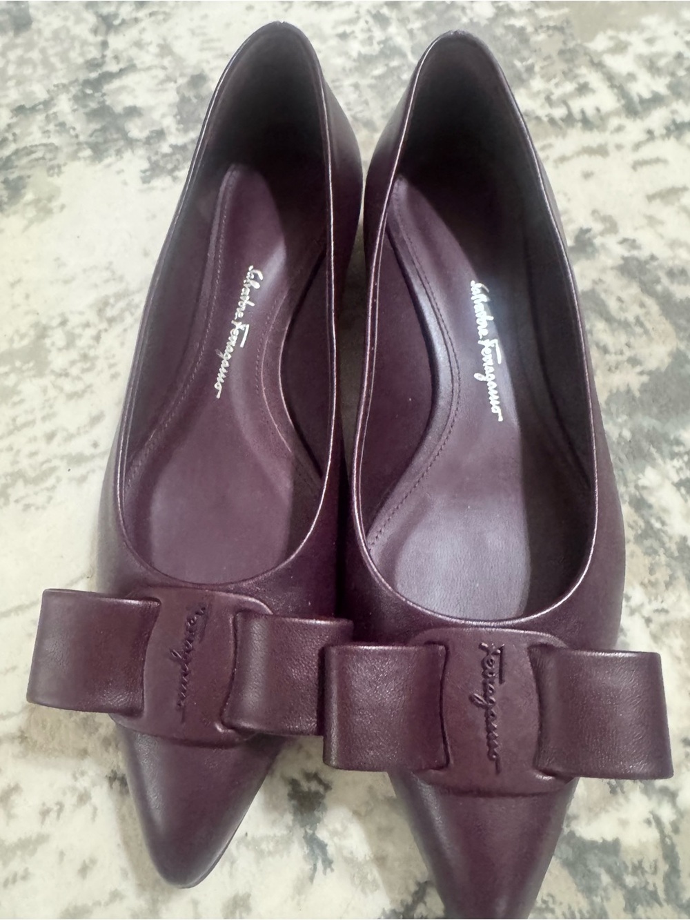 Salvatore Ferragamo Burgundy Pointed-Toe Bow Flats - Picture 11 of 11